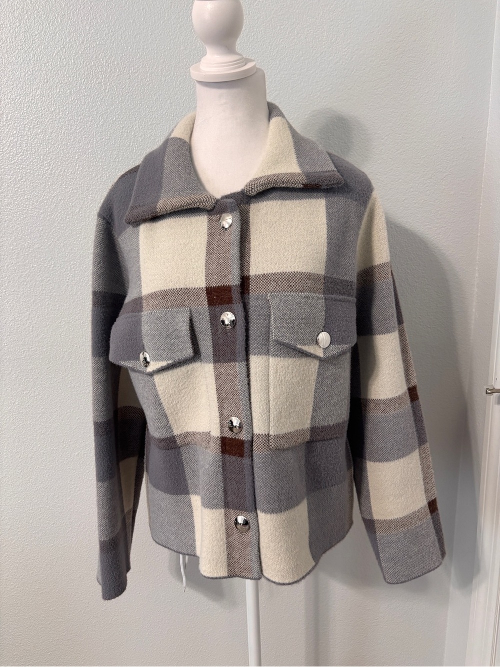Gray Brown Plaid Flannel Women's Jacket Coat Size Large Fall Western Chic New